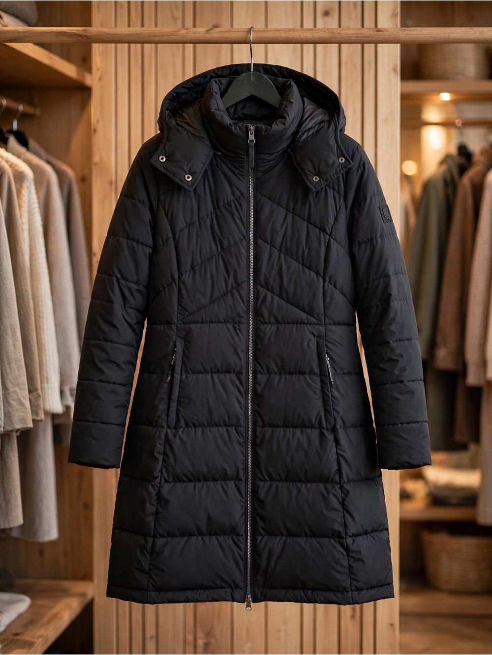 Lole Black Quilted Jacket Hooded Knee Length Lightweight Size XL